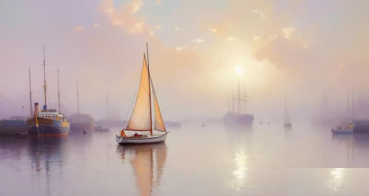 Impressionist painting of a small simple sailboat setting out at sunrise past larger ships