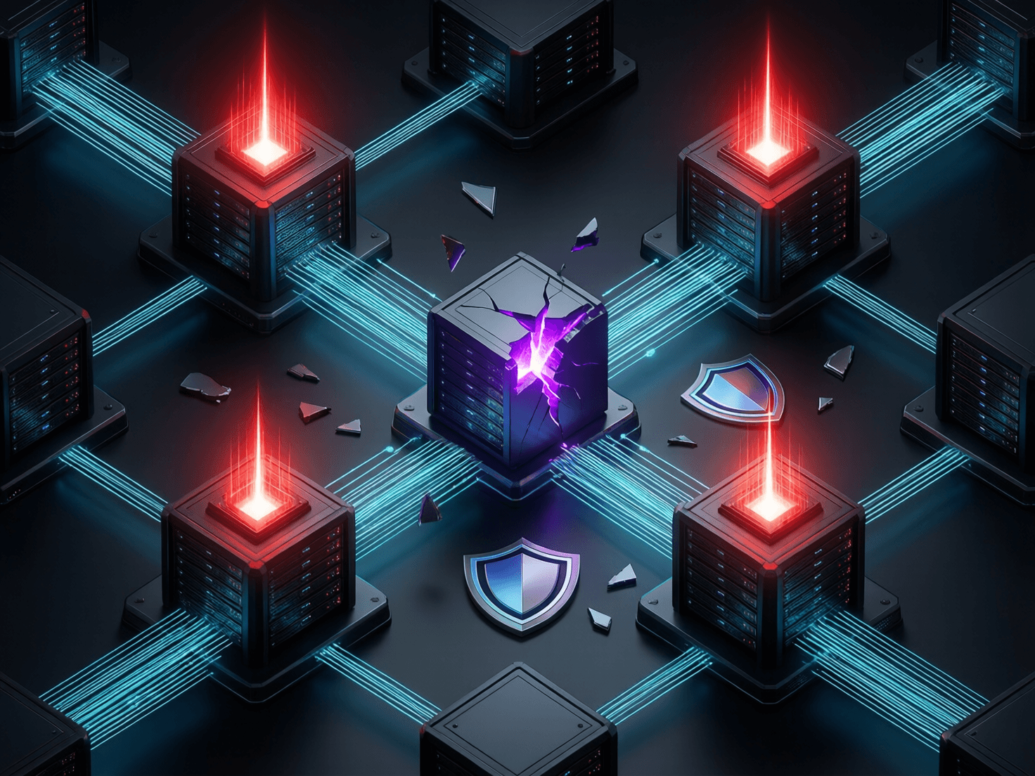 Isometric diagram of interconnected server nodes with security breach indicators glowing red