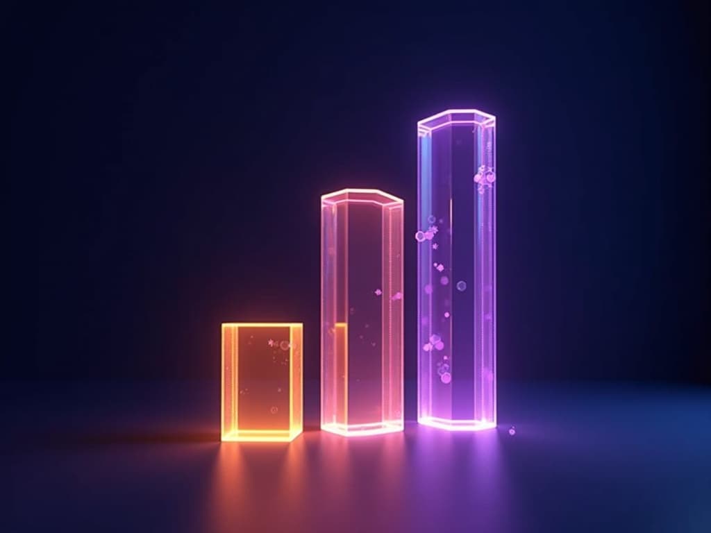 Three ascending prisms with disproportionate amber pools beneath the tallest form