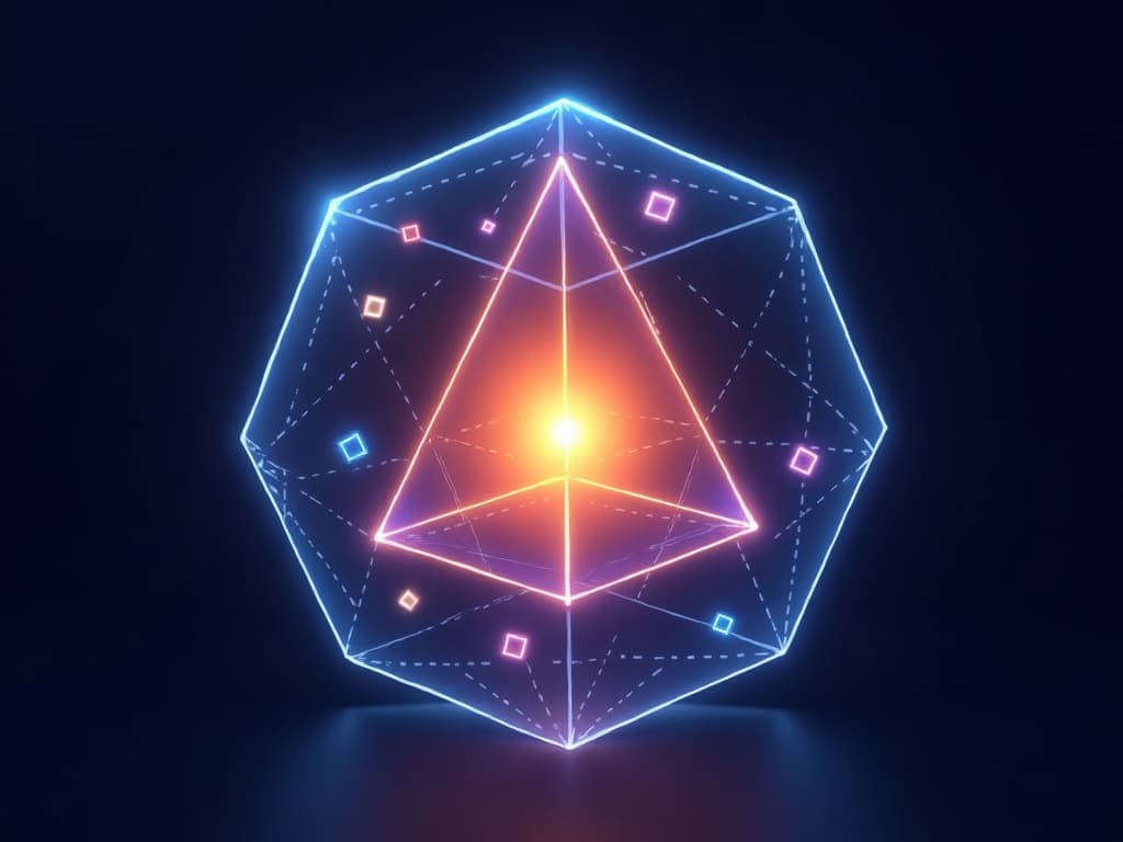 Two converging structural slabs compressing toward a glowing hexagonal prism core on dark background