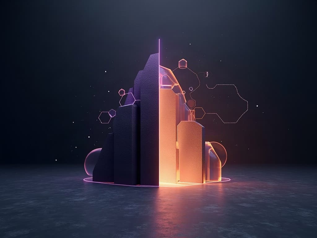 Two opposing architectural forms showing predicted versus actual AI arrival
