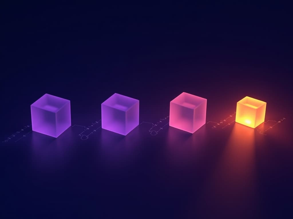 Four translucent prisms converging toward a single amber point on dark background