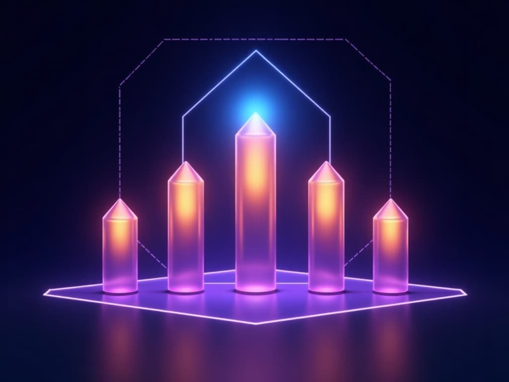Five glowing prisms of varying heights converging toward a single illuminated apex point