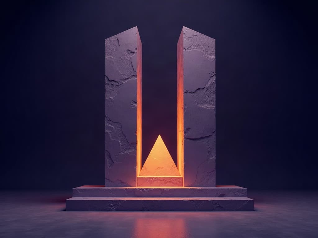 Two opposing stone prisms in tension, one casting shadow over a smaller wedge below