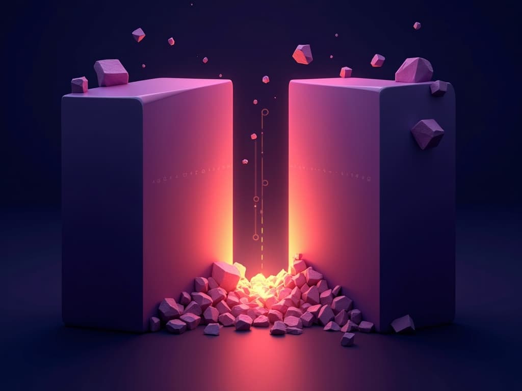 Two large opposing monolithic slabs converging toward a narrow illuminated gap at center