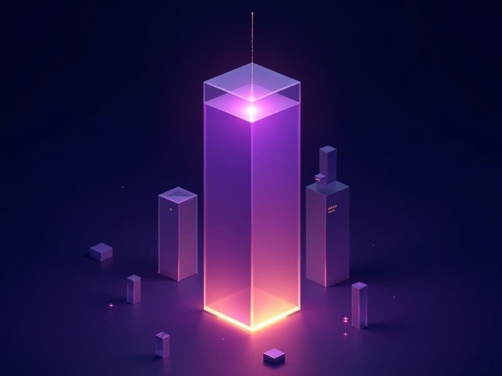Central tall prism eclipsing a flat ceiling slab, flanked by smaller receding forms in deep purple and amber light