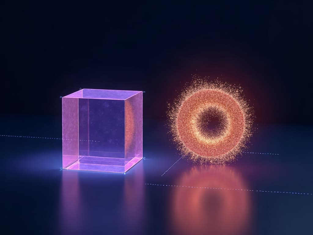 A precise crystalline cube beside a soft particle cloud that is almost a cube