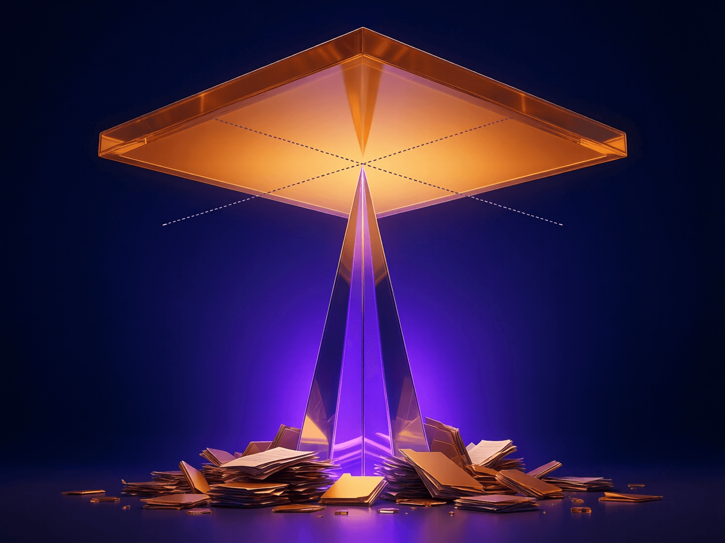 Single prism rising and pressing against an immovable amber ceiling slab, fragments below