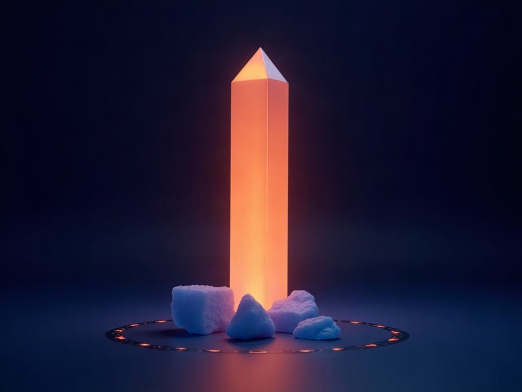 One dominant amber prism towering over four small dim fragments on a dark navy surface