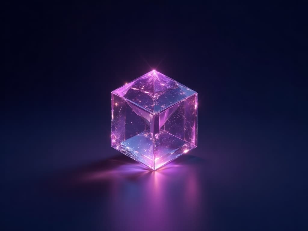 Translucent prism evolving through three phases on dark navy background with purple light