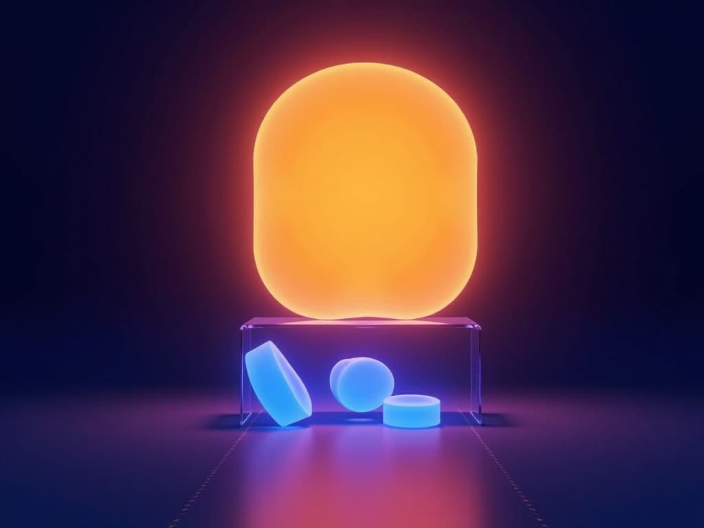 Large amber mass eclipsing three smaller cyan fragments beneath a translucent slab