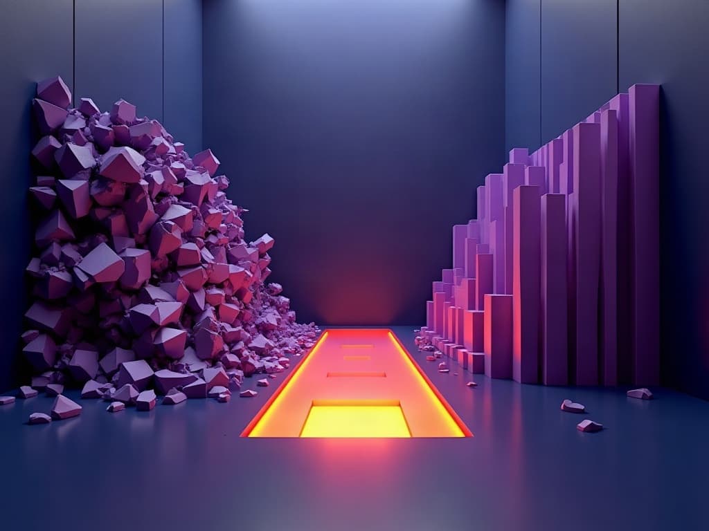 Chaotic angular fragments on left transforming through a glowing threshold into ordered purple prisms on right