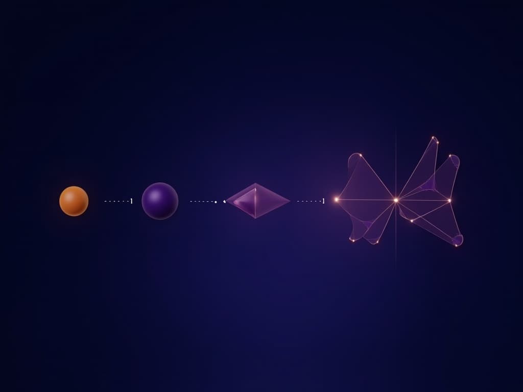Single amber point evolving into overlapping purple lobes representing distributed semantic representations in high-dimensional space