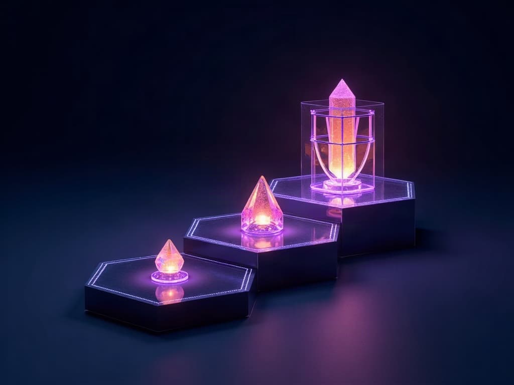 A seed grows into a complete crystalline structure across four rising platforms