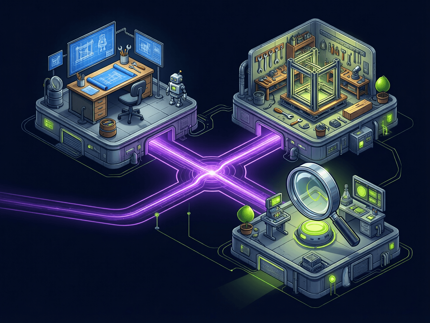 Three agents with separate roles: plan, build, inspect