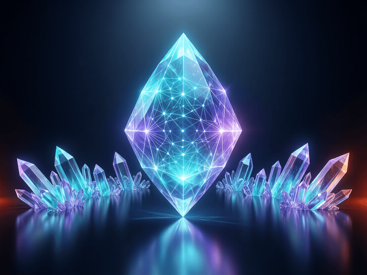 Floating geometric crystal representing a large open-weights AI model above a dark reflective plane