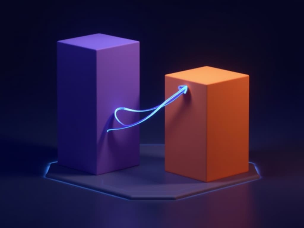 Two opposing geometric masses bridged by a curved arc encoding a latency-throughput trade-off