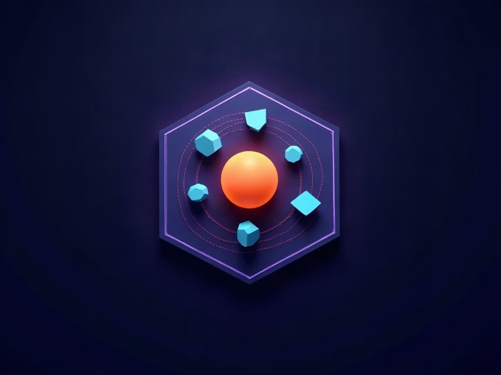 Amber central sphere absorbing six translucent cyan orbiting fragments converging inward on dark navy