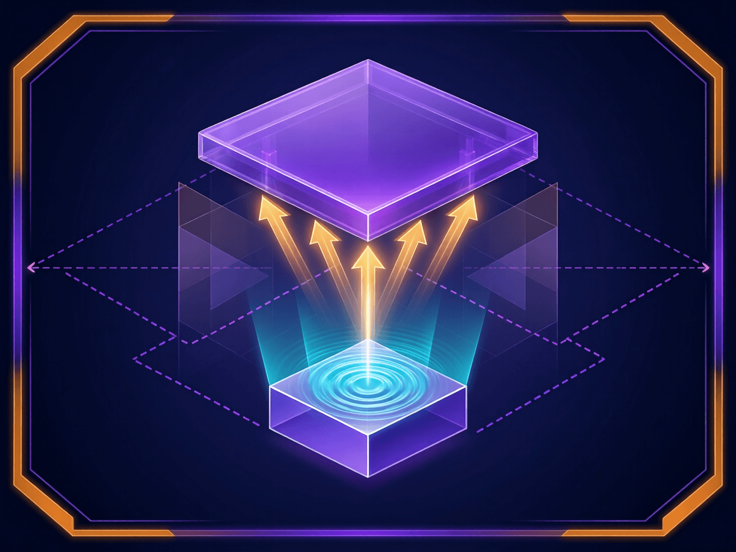Large orchestrator form above radiating arrows down to smaller executor prism sending ripples back up