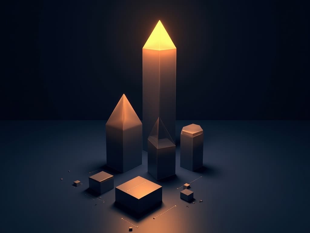 Four geometric prisms of unequal height with one tall form casting shadow over three smaller masses