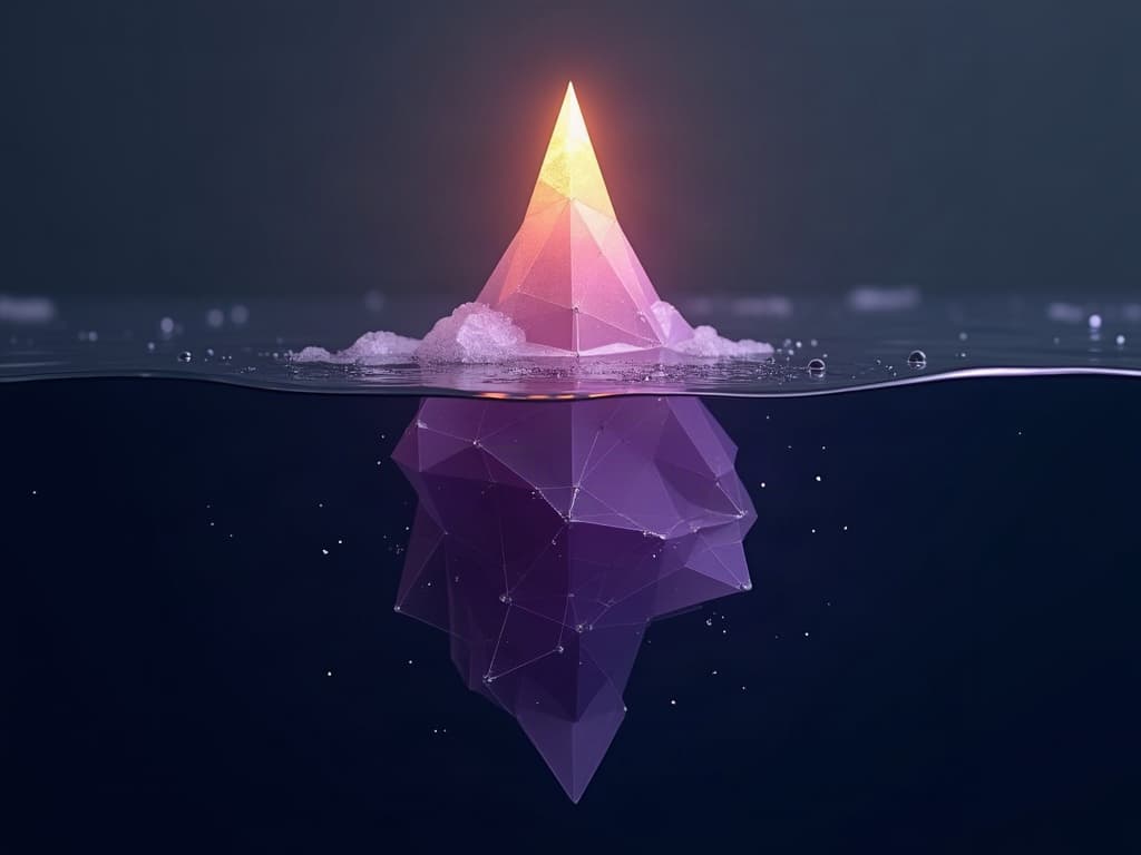 Crystalline tip above surface with vast submerged geometry representing tacit knowledge depth