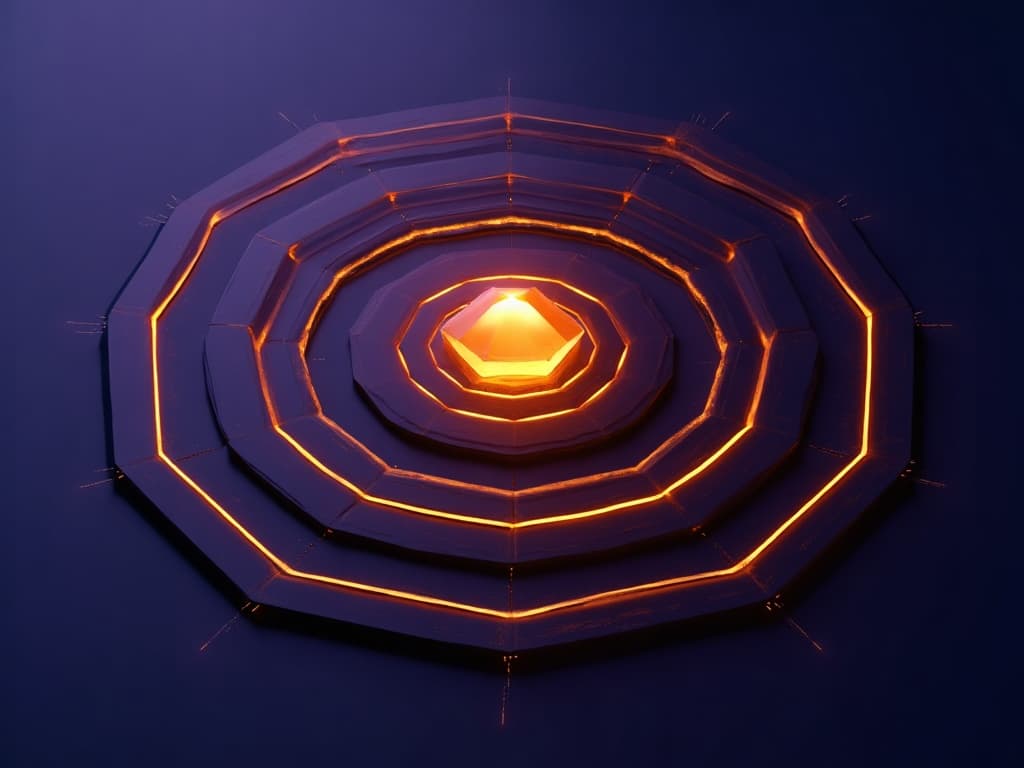 Amber seed crystal surrounded by expanding concentric ripple rings on dark navy