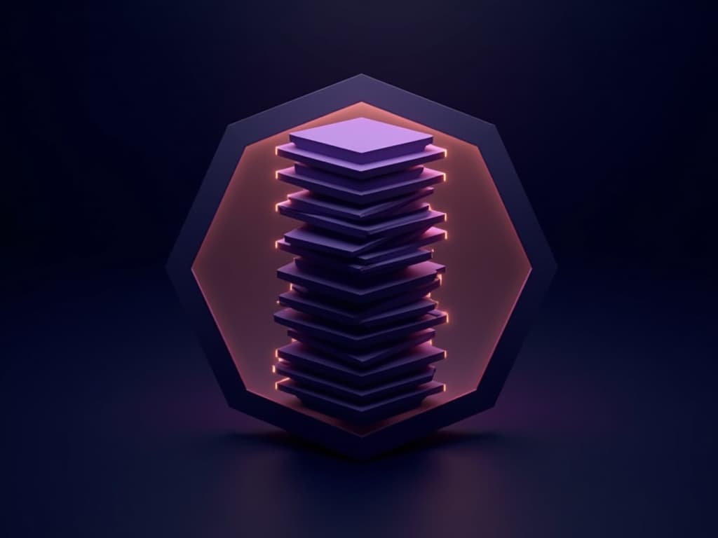 A layered sculptural column inside a hexagonal frame representing institutional logic depth