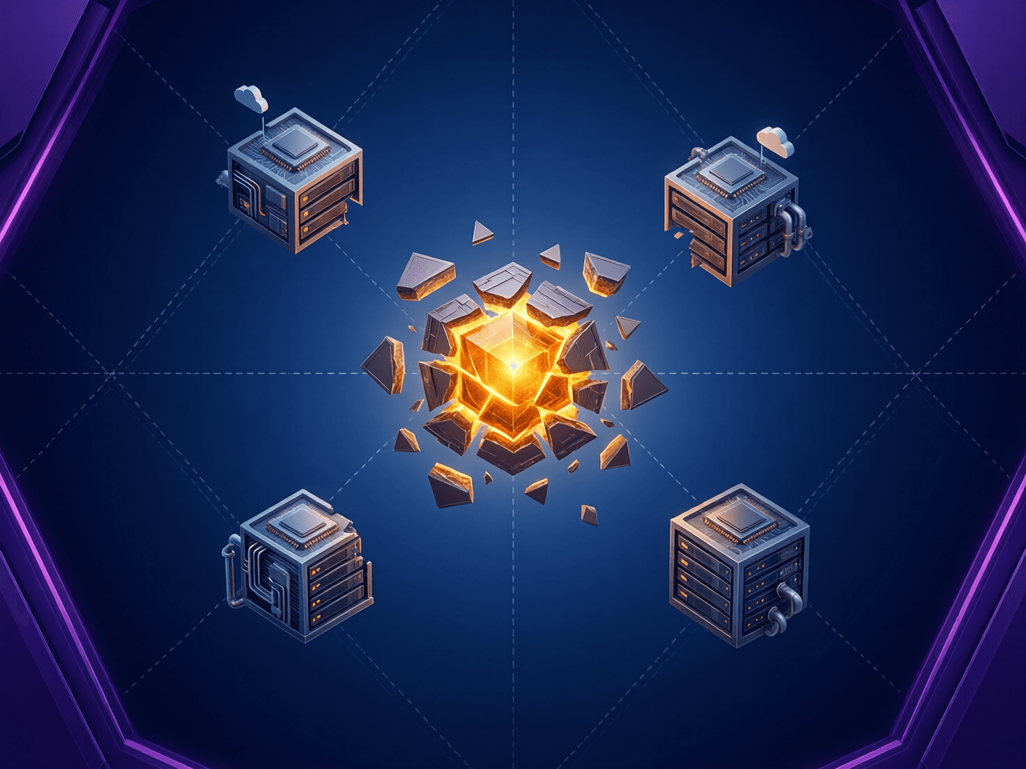 Five fragmented geometric shards drifting apart representing a fractured multi-system memory stack