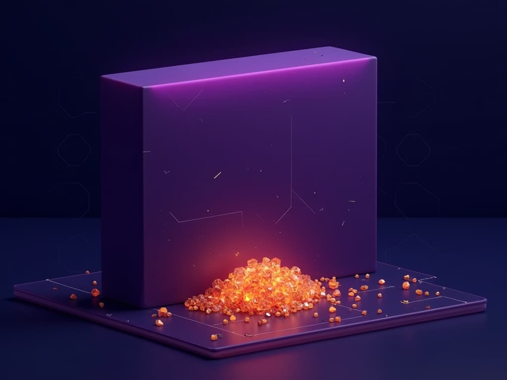 Large rigid slab pressing down on small glowing amber fragments rising from below
