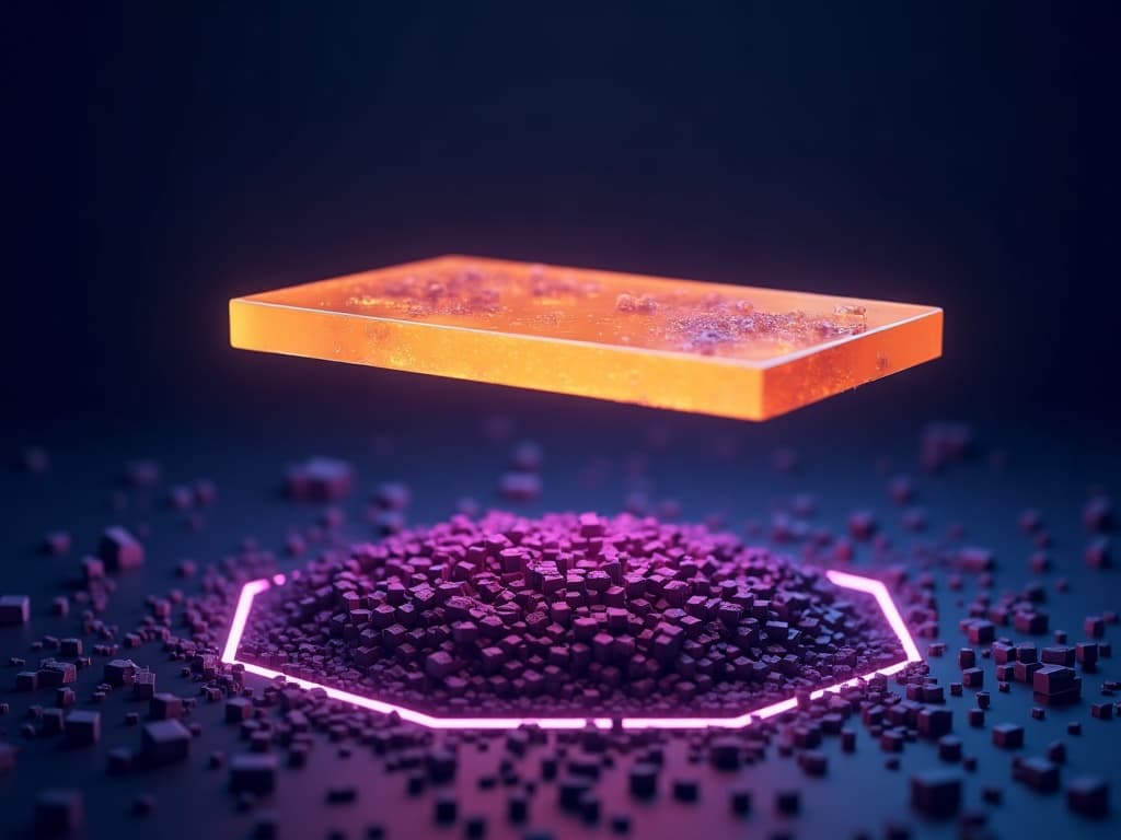 Large amber slab hovering above compressed purple cube fragments with cyan gap light