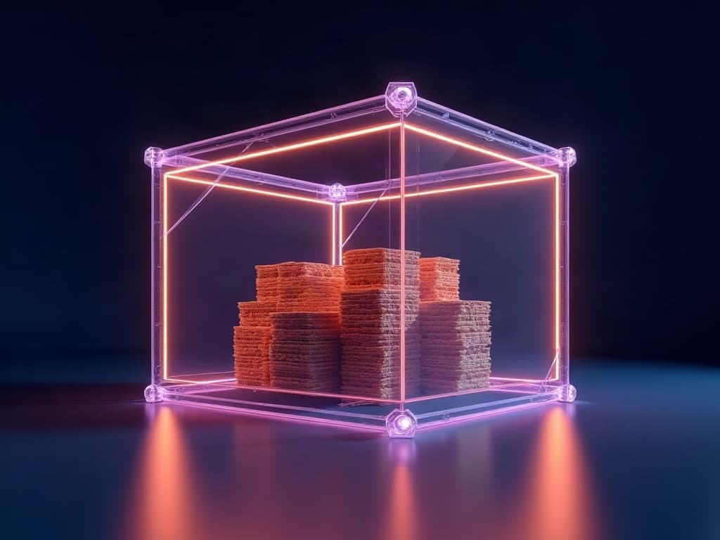 An empty wireframe shell in front of a sealed wall holding the amber contents that belong inside it