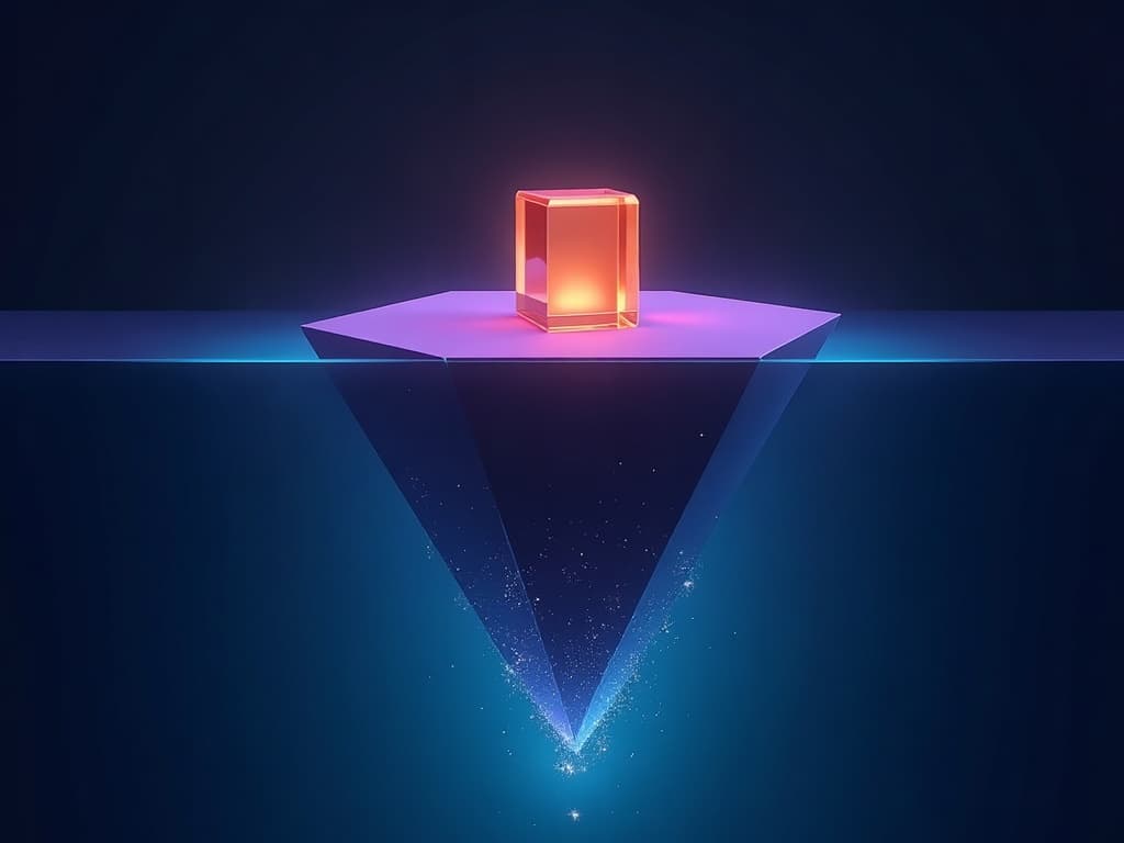 Small amber prism above a glowing baseline eclipsed by a large submerged purple slab below