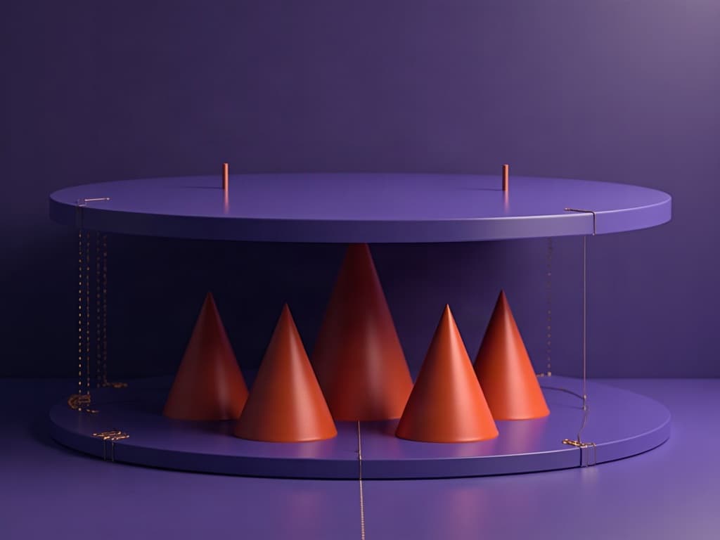 Five amber wedges pressing upward against an immovable flat purple slab from above