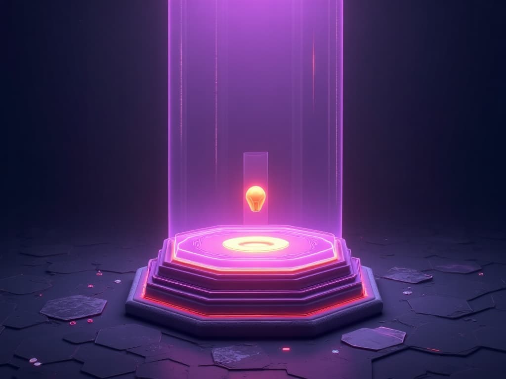 Purple monolith with stacked translucent strata and small amber fragment at mid-height