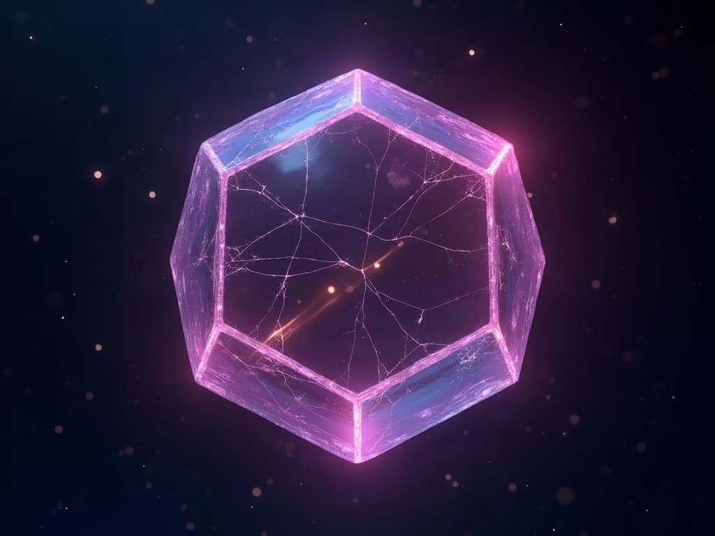 A beam of light repairs one cracked panel on a glowing geodesic structure