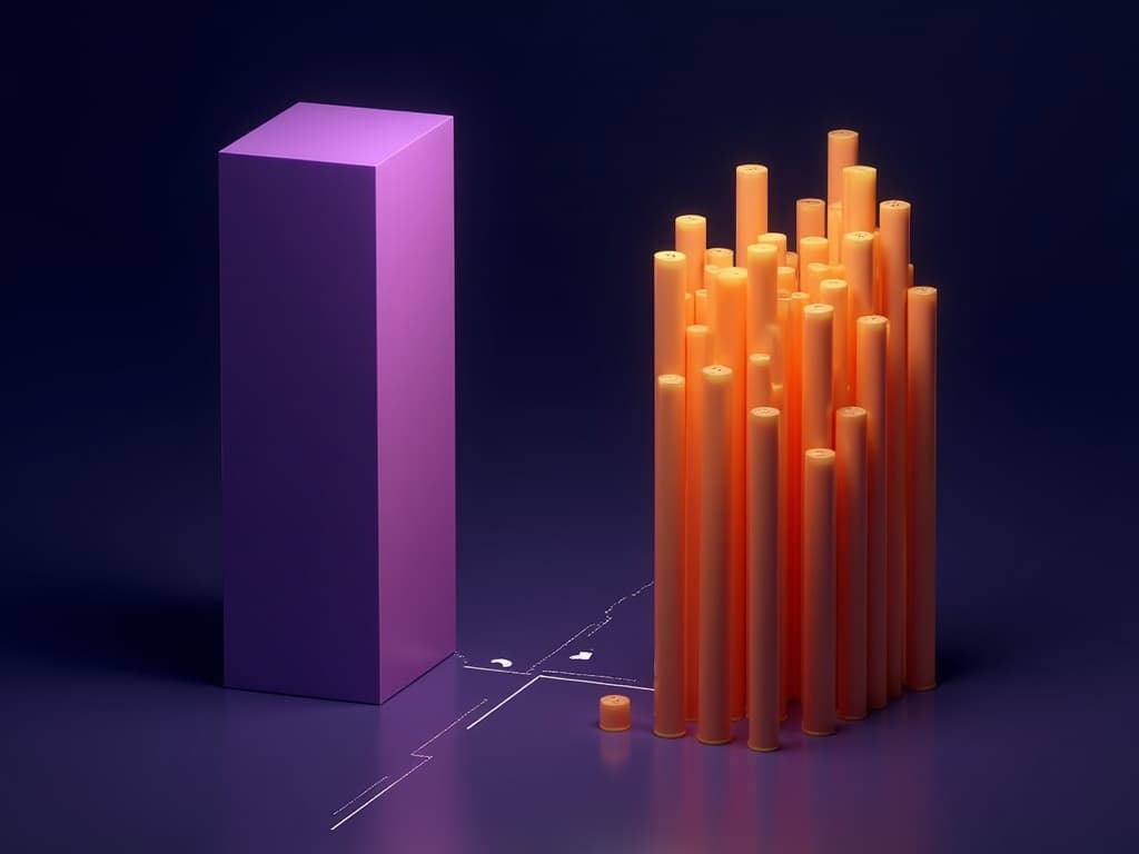 Single tall purple monolith facing a wide cluster of smaller amber columns spreading across a broad baseline