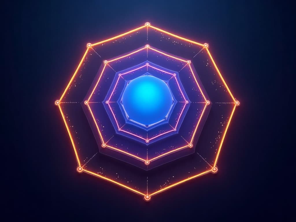 Three concentric hexagonal rings radiating from a cyan core with fragmenting outer shards