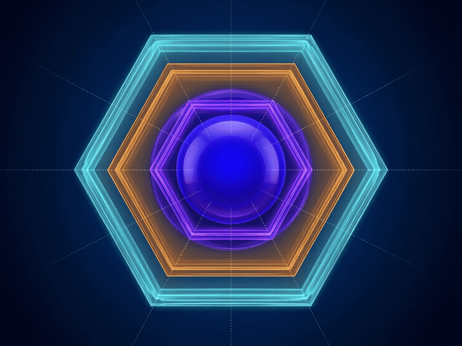 Three concentric hexagonal shells converging inward representing layered security boundary enforcement