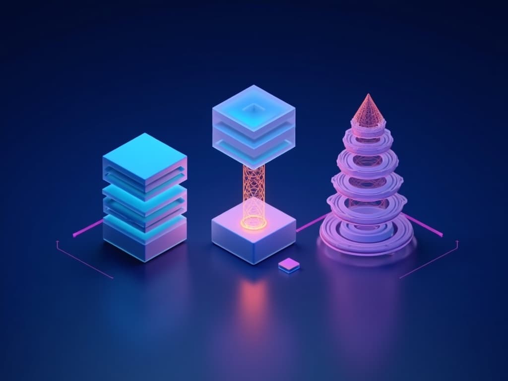 Three distinct geometric forms connected by amber current and purple lattice scaffolding