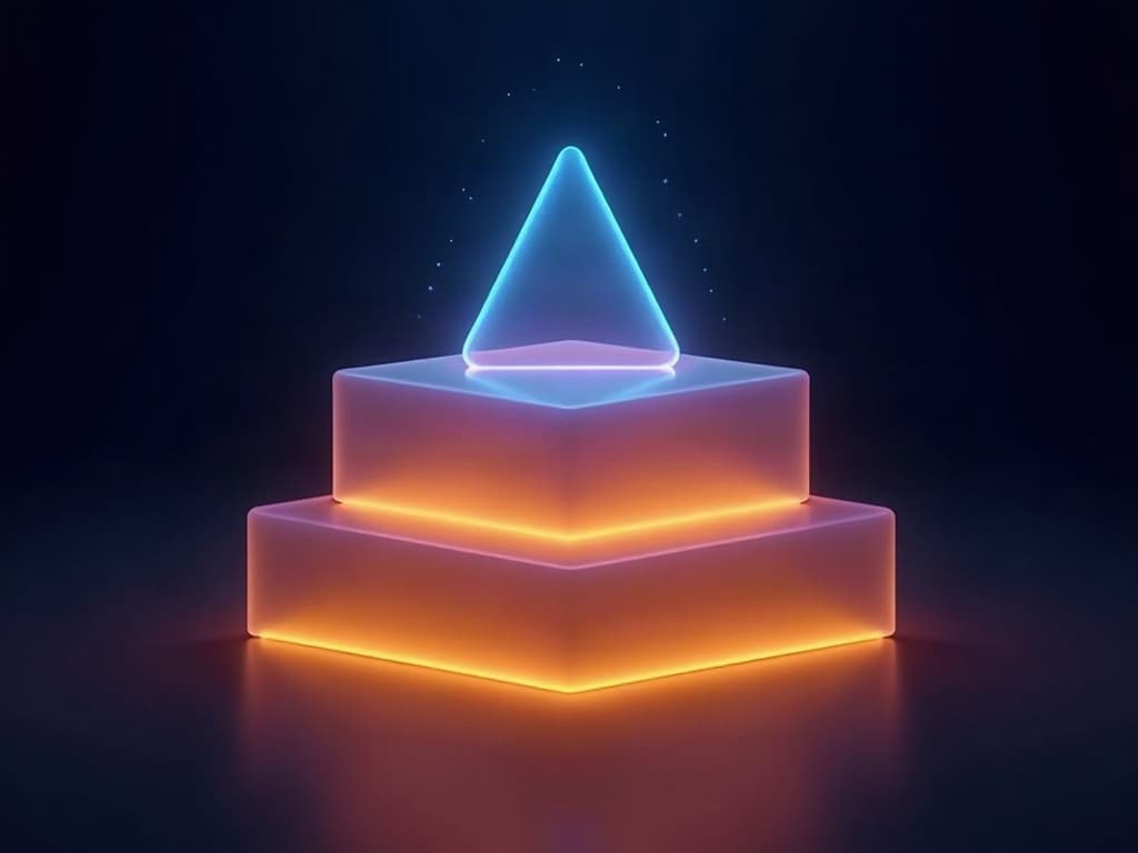 Three stacked slabs ascending from wide dim amber to a narrow bright cyan apex wedge