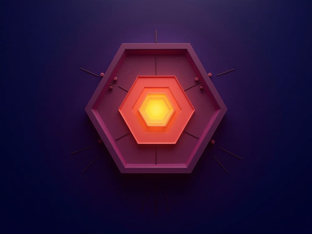 Three concentric hexagonal rings converging toward a bright amber core with geometric spoke bridges