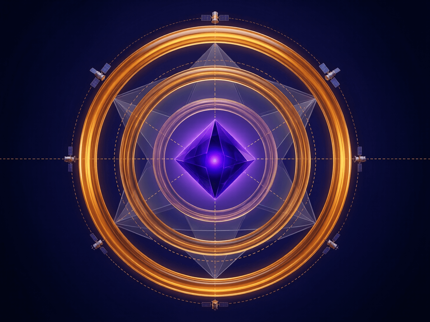 Three concentric rings expanding from a central purple prism with satellite fragments converging inward