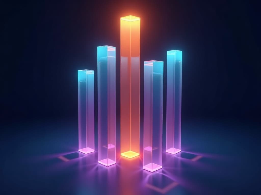 Five prismatic towers of varying heights converging upward toward a single amber apex above