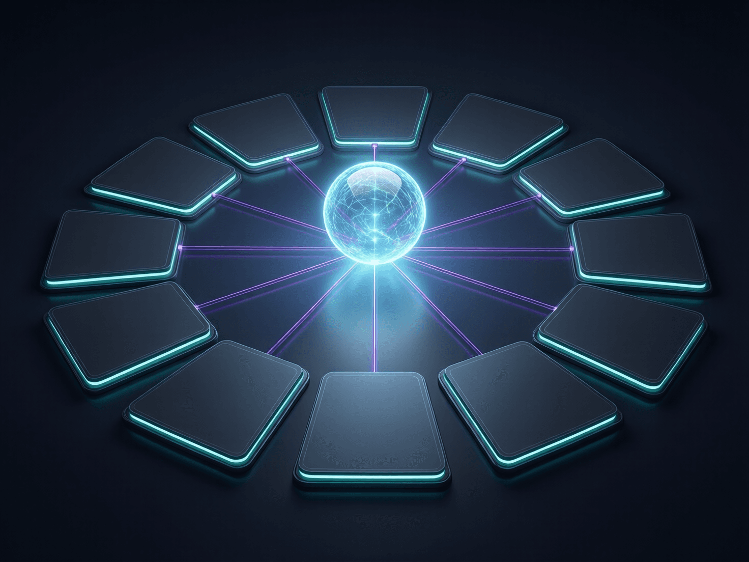 Glowing agent orb with attention lines connecting to blank interface panels in a semicircle