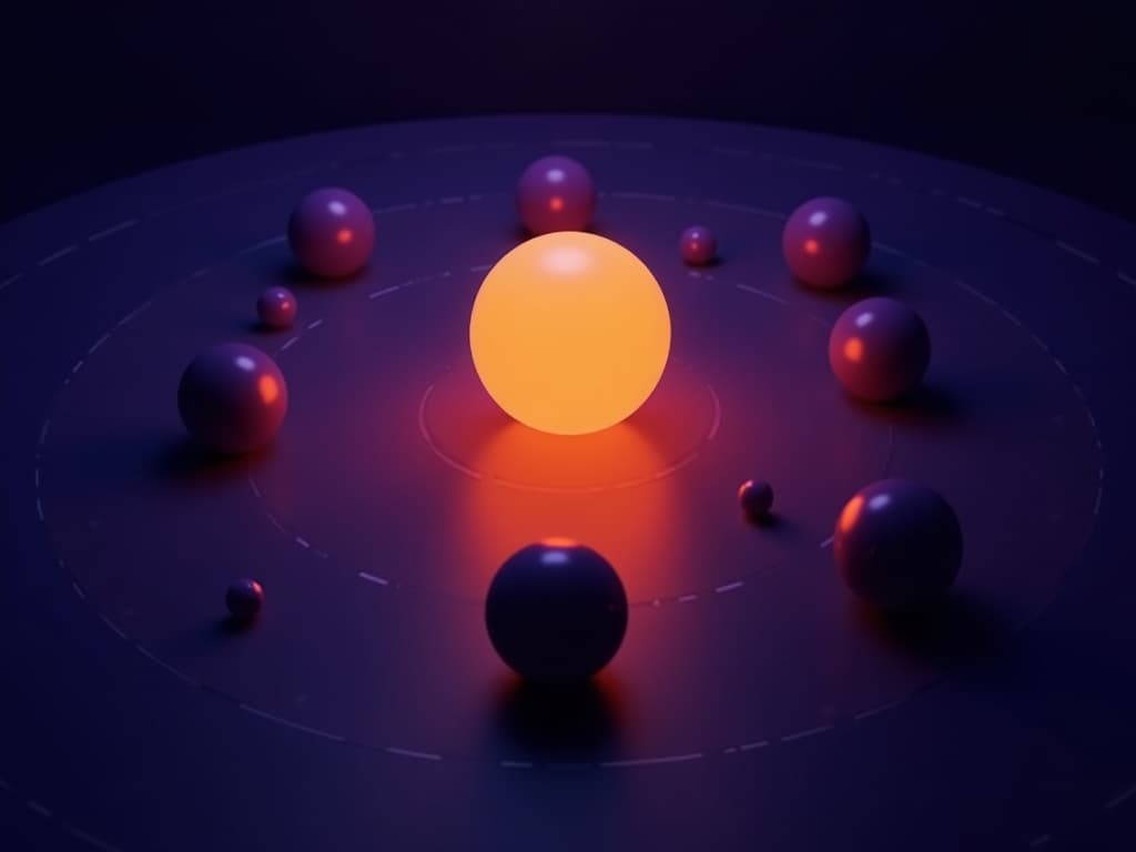 Central amber sphere orchestrating five orbiting purple spheres in an elliptical arc