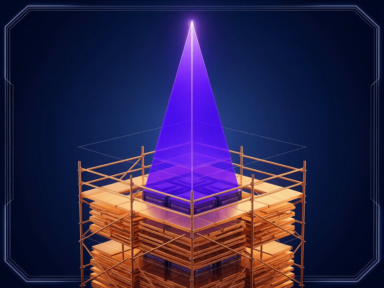 A tall rising prism supported by stacked amber scaffolding layers representing production agent statefulness building over time