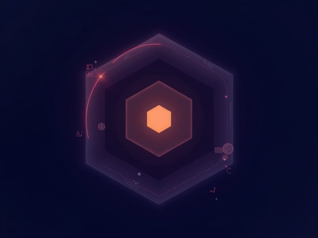 Amber vector form swept by a deep-purple rotational arc inside a hexagonal frame illustrating rotary positional encoding in transformers