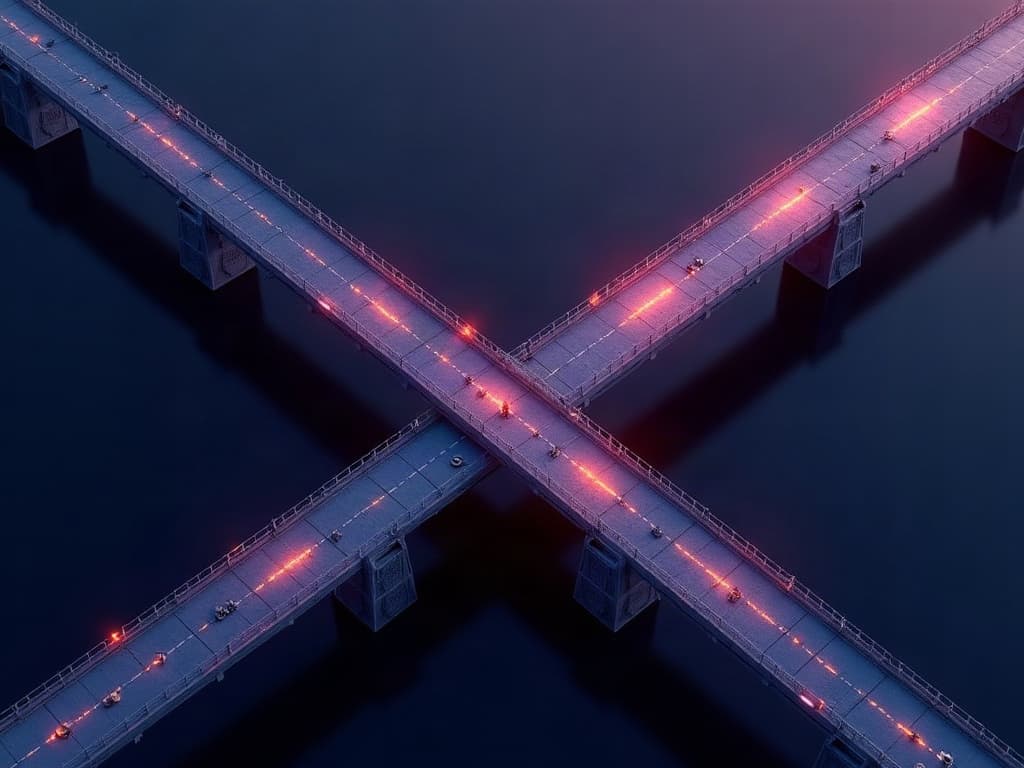 Traffic crossing gradually from an old causeway onto a new one that is still being built segment by segment