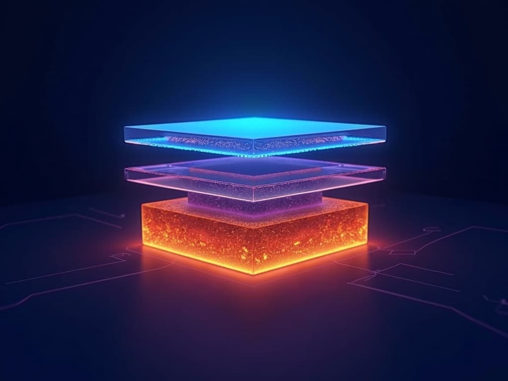 Three horizontal strata of increasing density from light cyan to dense amber below