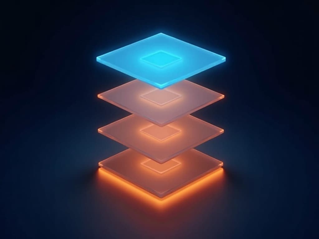 Four glowing horizontal slabs stacked as accumulating strata on a deep navy gradient background